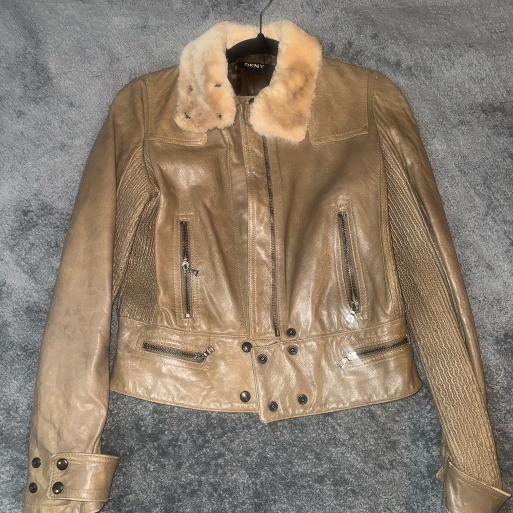 Vintage DKNY Tan Leather Moto Jacket Size 2 w/ Fur